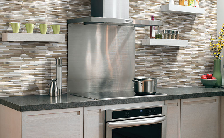 geometric backsplash in kitchen in a neutral palette